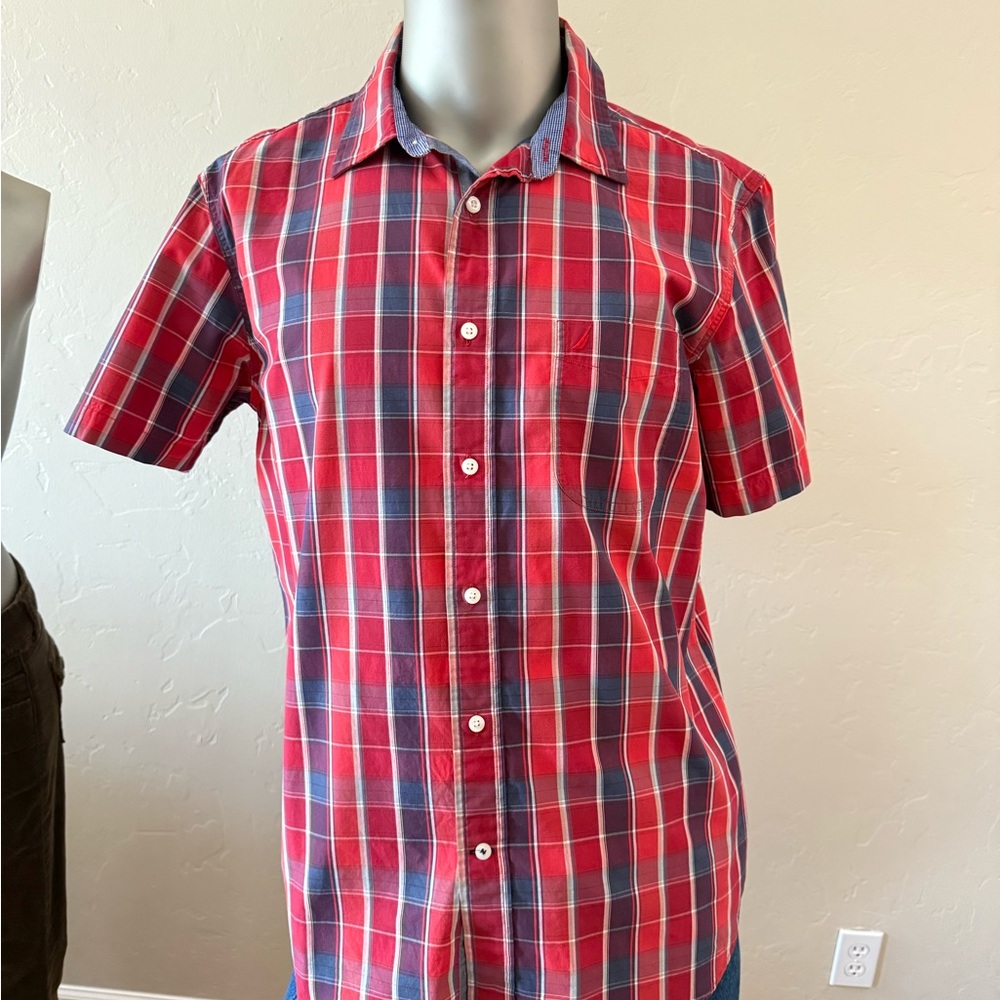 Nautica Red, White & Blue Plaid Short Preppy Sleeved Shirt